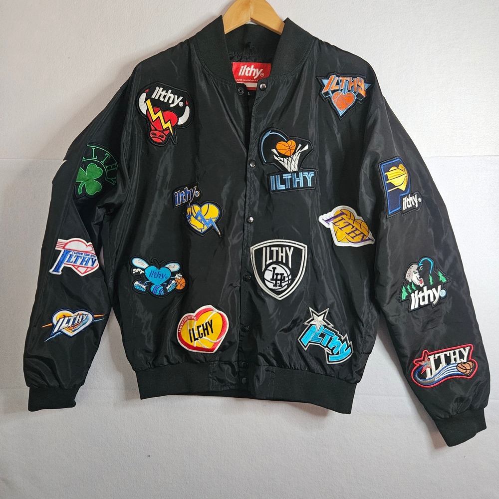ILTHY I Love The Hype Mens Black All Over Patch Basketball Bomber Jacket Large